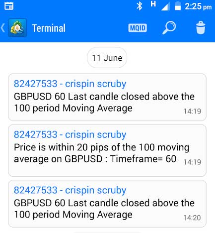 Push Alerts being delivered in Metatrader from moving average price crossover